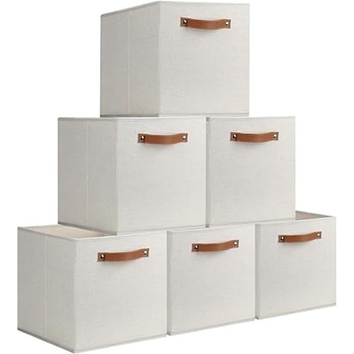 11"x 11" Large Storage Cubes, 6 Pack Collapsible Cube Storage Bins With Handles for Organizing, Beige Fabric Closet Organizers Box for Playroom, Office, Dorm Home Organization and Storage