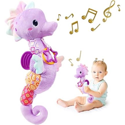 Sumobaby Infant Baby Musical Stuffed Animal Activity Soft Toys with Multi-Sensory Crinkle, Rattle and Textures, for Tummy Time Newborn 0-3-6-12 Months Boys, Girls, Seahorses, Purple