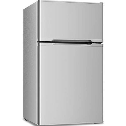 Antarctic Star Mini Compact Refrigerator, 3.2 Cu.Ft. Separate Freezer Double 2-Door Adjustable Removable Shelves For Basement/Apartment/Dorm/Office,GREY