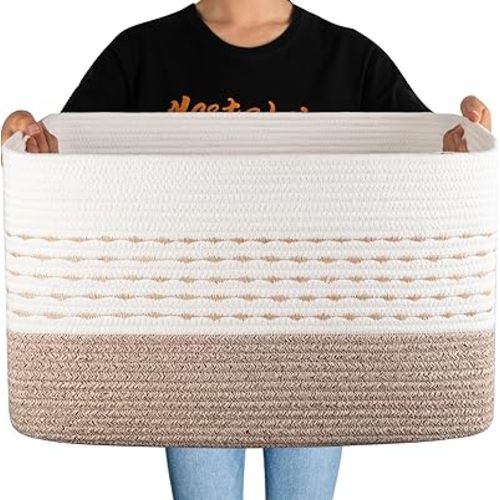 OIAHOMY Large Blanket Basket, 22”x17”x12” Rectangle Woven Baskets, Nursery Blanket Storage Living Room, Toy Storage With Handle, Large Baskets for Organizing-Gradient Yellow With Embroider