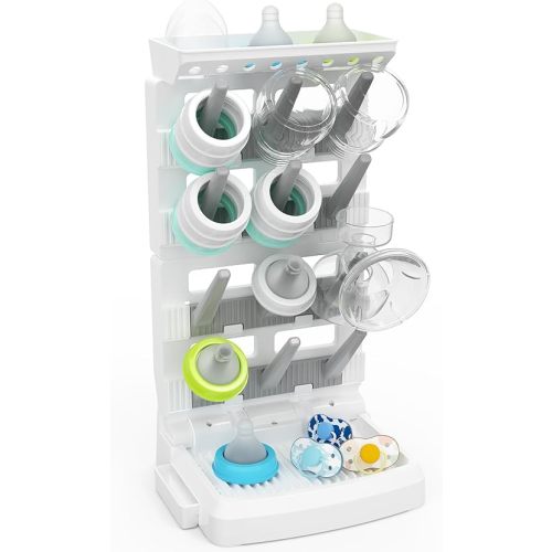Baby Bottle Drying Rack for 12 Bottles, Space Saving Countertop Vertical Standing Bottle Dryer Rack for Baby Accessories & Pump Parts (Large White&Grey)