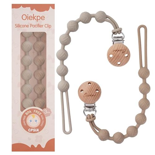Pacifier Clips for Baby Boys Girl - 100% Food Grade Silicone, One Piece Pacifier Clip Holder, Wooden Clips Design, Paci Clip Soothe Baby Binky Holder for Shower Birthday Gift(Apricot+Powder Rose) - Sand+Linght grey - Round