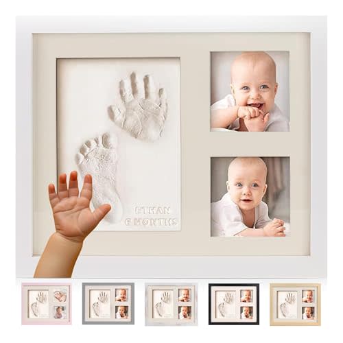 Bubzi Co Baby Hand & Footprint Kit, Clay Handprint Keepsake Frame, Newborn Nursery Picture Frames, Hand Print Mold Kit, Personalized New Mom Gifts for Baby Shower & Registry (Fresh White)