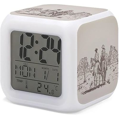 Western Cowboy Alarm Clock for Kids Boy Girl 7 LED Color Changing Wake Up Clock Home Decor Bedroom Digital with Temperature Display
