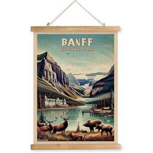 XIAOAIKA Vintage Banff National Park Travel Poster with Wooden Scroll Frame – Holiday Decoration or Gift for Living Room, Bedroom, Office Wall Decor, Retro Art Print 16 x 23 Inches
