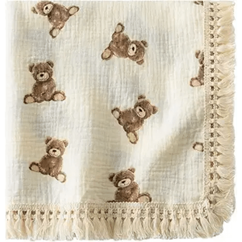 Little Jump Cotton Muslin Swaddle Blankets with Tassel, Boho Bohimia Muslin Baby Blanket Neutral with Fringe, Vintage Teddy Bear Nursery Decor Muslin Throw Blanket 47" x40" (Teddy Bears)
