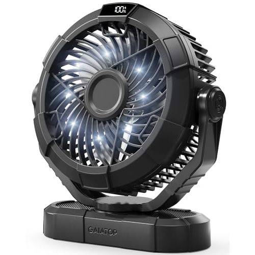 Gaiatop Portable Camping Fan with LED Lantern, Power Display 360° Head Rotation, Hanging Hook for Tent, 3 Speed Quiet Rechargeable, 4000mAh Battery Operated USB Fans for Indoor Outdoor Travel Black