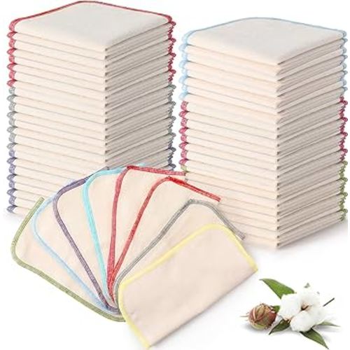 Zopeal 32 Pcs Flannel Cloth Baby Wipes Reusable Dispenser Washable Soft Natural Unbleached Baby Face Cloth Wipes 8 Colors Outer Stitching 8 x 8 Inches