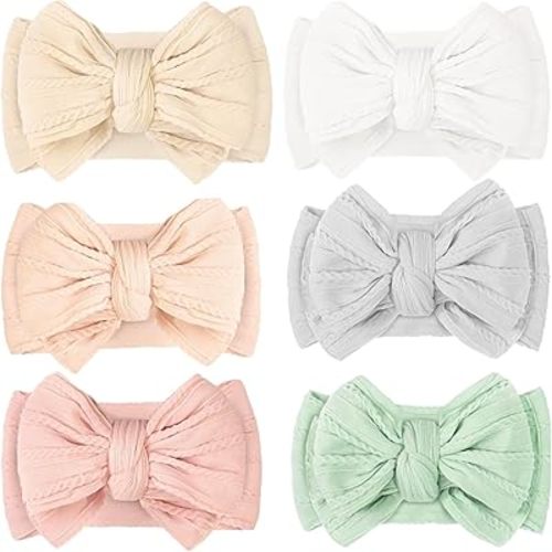 CÉLLOT 6 Pcs Super Stretchy Soft Handmade Headbands with Double Bows Head Wrap Nylon Hair Accessories For Newborn Baby Girls Infant Toddlers Kids(Light Colors)
