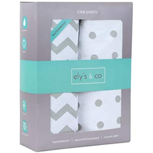 Ely's & Co. Patent Pending Waterproof Crib Sheet | Toddler Sheet, No Need for Mattress Pad Cover, 2 Pack Grey Chevron and Polka Dots, Unisex for Baby Boy and Baby Girl