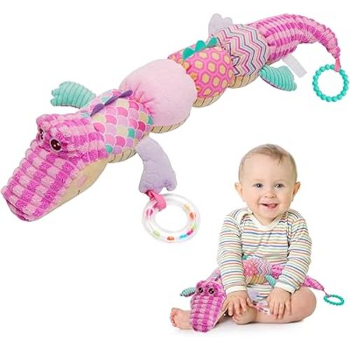 Baby Toys Musical Soft Toy: Infant Toys Stuffed Animal with Rattles Crinkle & Ruler Design, Newborn Sensory Toys for Tummy Time Babies Girl Boy 0 3 6 9 12 Months Gifts, Crocodile Pink