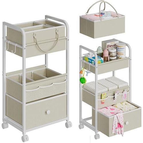 2In1 Baby Diaper Caddy Organizer and Storage, 3 Tier Rolling Cart with Drawer, Detachable Dividers, Mobile Utility Cart Baby Dresser Clothes Organizer for Baby Essentials, Bedroom, Nursery