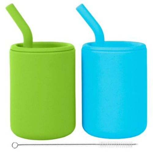 WeeSprout Silicone Baby Cups With Straws and Lids, 4 & 8 oz Options, Set of 2, Food Grade Toddler Training Container, Built In Straw Stoppers