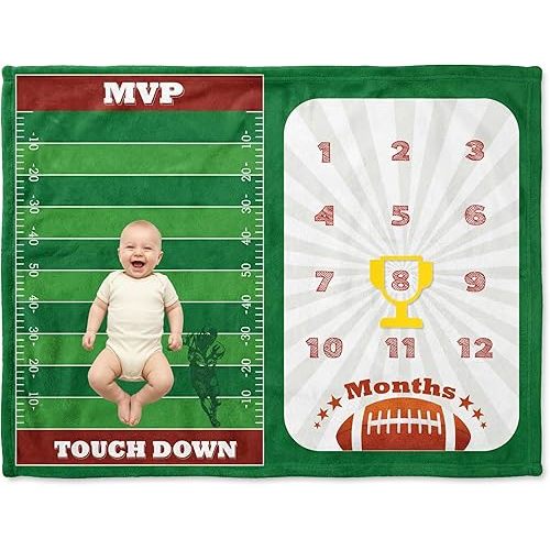 Baby Monthly Milestone Blanket for Boy Football– Football Field Monthly Photo Blanket, Plush Fleece 50" x 40", 0-12 Months, Trophy Month Marker Frame
