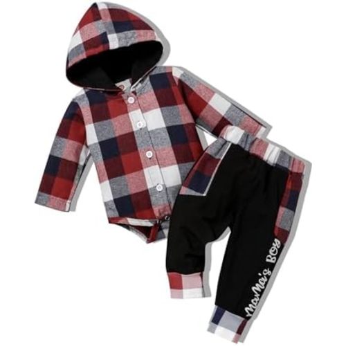 Fuermos Newborn Baby Boy Clothes Plaid Button Long Sleeve Hoodie Romper+ Mama's Boy Pants Fall Winter Outfits Set