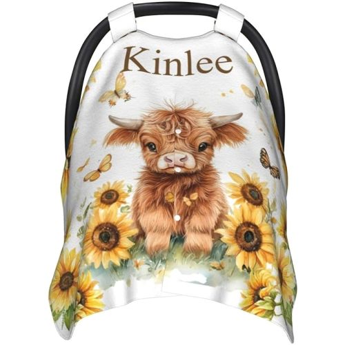 Personalized Baby Car Seat Canopy with Name – Highland Cow Nursing Cover, Infant Car Seat Cover for Girls, Breastfeeding & Stroller Cover
