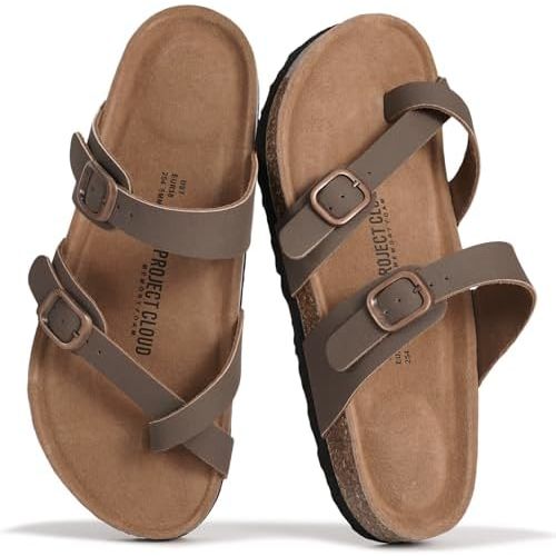 Project Cloud 100% Genuine Leather Womens Sandals -Lightweight Womens Slides Memory Foam Insole & Cork Footbed Sandals Women - Non-Slip Beach Essentials Summer Sandals for Women 2026 (Lian)