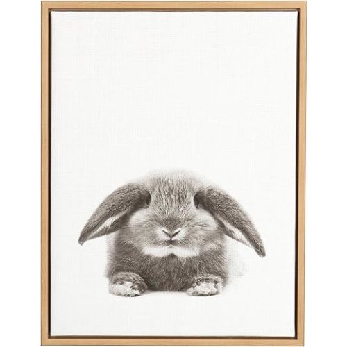 Kate and Laurel Sylvie Rabbit Animal Print Black and White Portrait Framed Canvas Wall Art by Simon Te Tai, 18x24 Natural