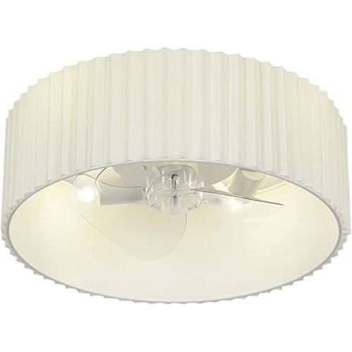 Small White DC Flush Mount Pleated Fabric Drum Ceiling Fan with Light Fixture and Remote Control,Low Profile Enclosed Bladeless Round Fandelier for Kitchen Bedroom Indoor