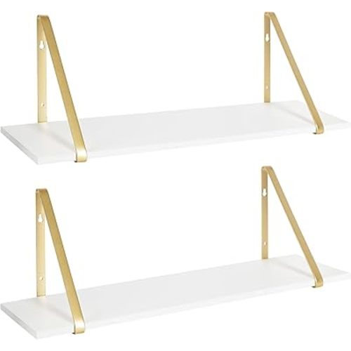 Kate and Laurel Soloman White Wooden Shelves with Gold Metal Brackets, 2 Piece Set