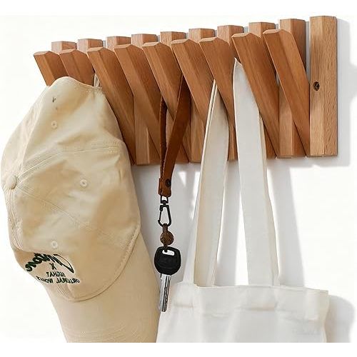 yaochuforest Coat & Hat Hooks Wall Mount with Key Holder, Wall Mounted Coat Rack with 9 Retractable Hangers, Solid Wood Slim Key Holder for Entryway, 17in Natural Finish