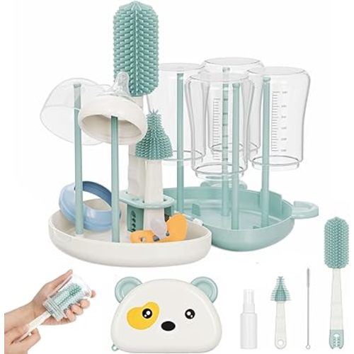 Baby Bottle Brush Set - 7 in1 Travel Bottle Cleaner Kit with Silicone Brush, Nipple Brush, Straw Brush, Bottle Drying Rack, Soap Dispenser, Storage Box, Baby Travel Essential Gift for Parents (Green)