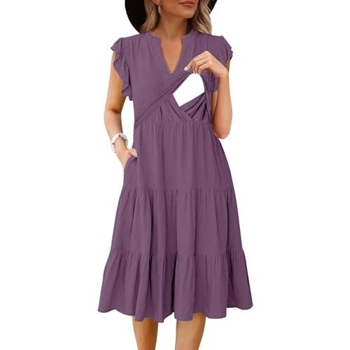 Womens Nursing Midi Dress Breastfeeding Summer Ruffle Sleeveless V Neck Tiered Beach Sundress with Pockets