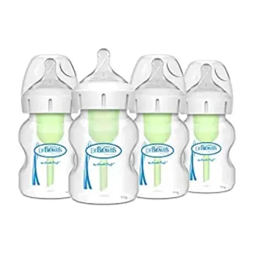 Dr. Brown’s Natural Flow® Anti-Colic Options+™ Wide-Neck Baby Bottles 5 oz/150 mL, with Level 1 Slow Flow Nipple, 4 Pack, 0m+ - 5 oz, 4 Pack