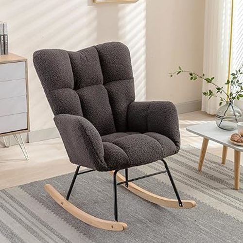 FOXHUNTER Rocking Chair Nursery Teddy Upholstered Glider Rocker High Backrest Nursery Rocker Comfortable Stylish Accent Armchair for Living Rooms Bedrooms Offices (Teddy Dark Gray)