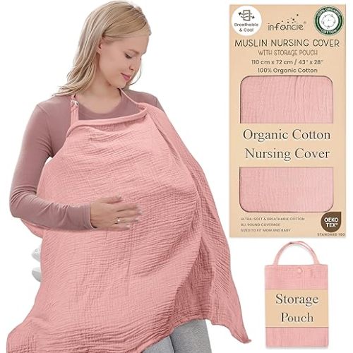 Organic Cotton Nursing Cover - 43 x 28 Inch Breathable Muslin Breastfeeding Cover, Multi-Purpose for Women (Pink)