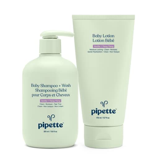 Pipette Baby Bathtime Bundle - Vanilla + Ylang Ylang Shampoo + Wash and Baby Lotion, Tear-Free, Hydration & Natural Moisture of Baby's Delicate Skin, Renewable Plant-Derived Squalane, Sulfate Free