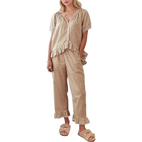 COZYPOIN Womens Gingham Pajama Set 2 Piece Plaid Cotton Pjs Cute Ruffle Sleepwear Maternity Bridesmaid Pajamas Loungewear