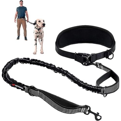 Tuff Pupper Heavy Duty Hands Free Dog Leash | One Large Dog Up to 125 lbs | Comfortable Shock Absorbing Bungee | Reflective Padded Handles | Lumbar Waist Belt 22-45" | Walking Jogging Running Leash