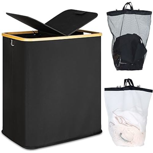 Laundry Hamper with Lid, Double Laundry Hamper with 2 Removable Bags, 2 Section Laundry Basket with Bamboo Handles for Bathroom, Bedroom & Laundry Room, 140L (36.9 Gallon) Black