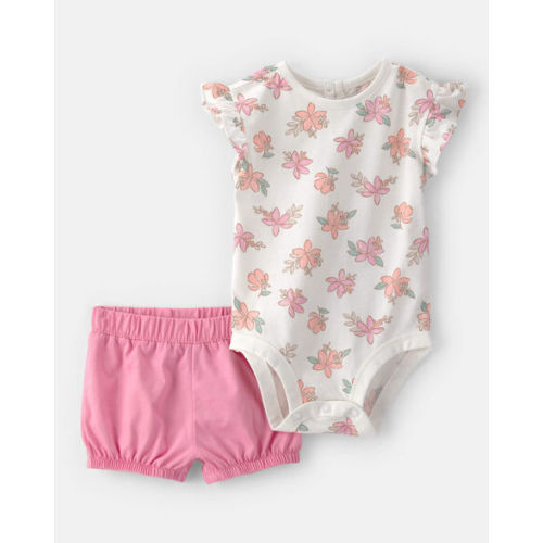 Baby Girl 2-Piece Floral Short-Sleeve Bodysuit & Short Set - Pink/White | Carter's