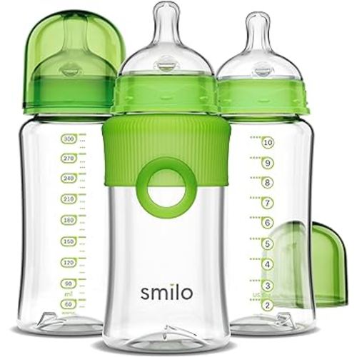 Smilo Baby Bottle Set with Stage 0 Slow Flow Anti Colic Nipple, 10 Oz / 300 ml Capacity, 3X Pack of Anti Colic Baby Bottles 0-3 Months - Green