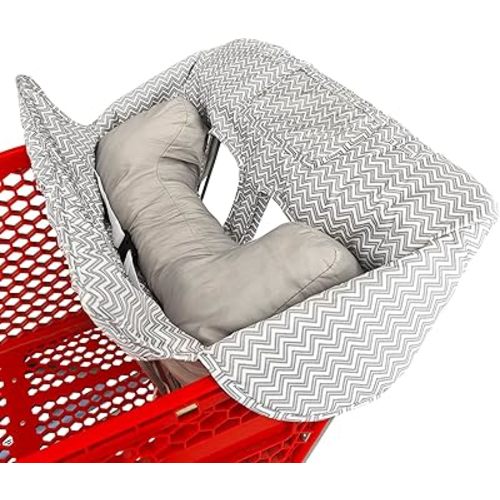 Love&go Soft Pillow Attached 2-in-1 Shopping Cart and High Chair Cover for Baby, Cotton Padded Cart Cover, Fold'n Roll Style, Portable with Carry Bag (Gray Chevron)