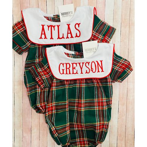 Baby Boy Monogrammed Bishop Bubble, Short Sleeve Green Bubble, Tartan Plaid Romper, Santa Gingerbread Outfit, Nutcracker Christmas Bubble