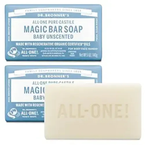 Dr. Bronner's - Pure-Castile Bar Soap (Baby Unscented, 5 ounce, 2-pack) - Made with Organic Oils, For Face, Body, Hair, Gentle for Sensitive Skin, Babies, No Added Fragrance, Biodegradable, Vegan