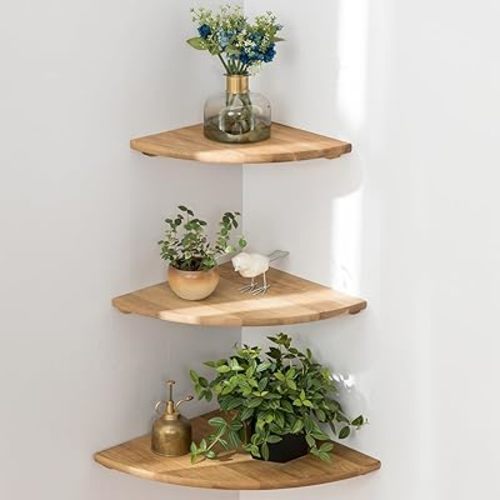 Corner Shelves, Floating Corner Shelf, Set of 3 Solid Oak Wood Corner Wall Shelves, Round End with Wire Hole Shelving for Small Plant for Bedroom Kitchen, Living Room (Size 9/10/12in)