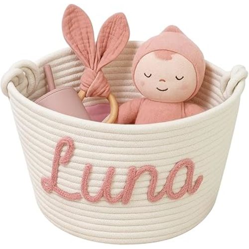 MBBEST Personalized Babys Shower Basket – Custom Rope Cotton Baby Basket with Name – Newborn Keepsake, Nursery Storage, Small Diaper Caddy Organizer, Cute Girl & Boy Baby Gifts