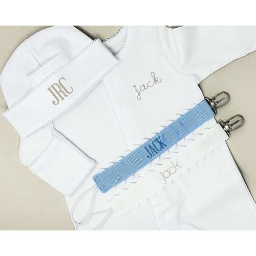 Monogram Baby Boy Footie Personalize Coming Home Outfit for Infant Organic Cotton Sleeper Set for Baby Shower Gift Bundle with Pacifier Clip