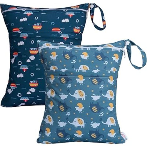 ALVABABY Wet Dry Bags with Two Zippered Pockets Travel Beach Pool Daycare Soiled Baby Reusable Waterproof Yoga Gym Bag for Cloth Diaper Swimsuits Wet Clothes 2 Pack
