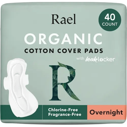 Rael Pads for Women, Organic Cotton Cover - Period Pads with Wings, Feminine Care, Sanitary Napkins, Heavy Absorbency, Unscented, Ultra Thin (Overnight, 40 Count)