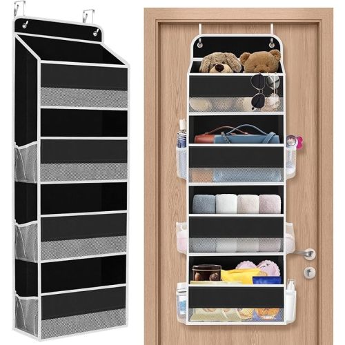 1 Pack Over The Door Organizer, Hanging Storage Organizer with Clear Window, 40lb Ultra Sturdy Large Capacity Room Organizer for Pantry Laundry Bathroom Nursery Closet (Black)