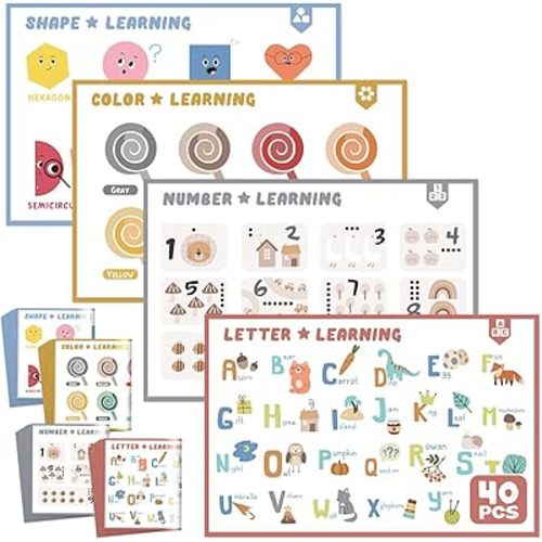 CUTE STONE Disposable Placemats for Baby and Kids, 40-Pack Sticky Toddler Placemats – Perfect for Restaurants, Dining Tables,Picnic, and Travel, 12" x 18" with 4 Fun and Educational Designs