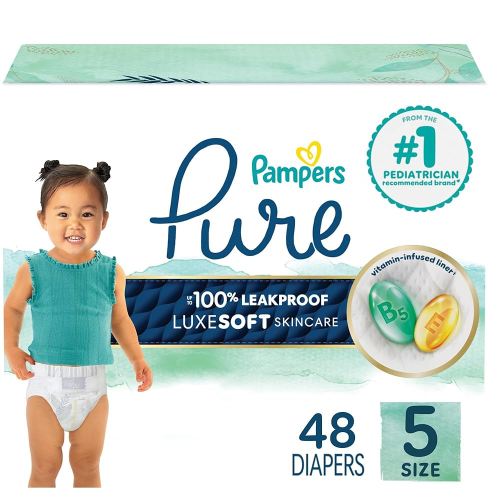 Pampers Pure Protection Baby Diapers, Size 5 (27+ lbs), 48 Count, Up to 100% Leakproof, Premium Plant-based Skin Protection, Hypoallergenic Soft Diapers