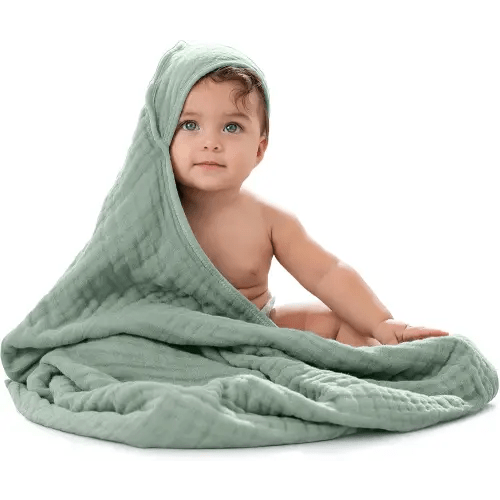 Comfy Cubs Baby Hooded 9 Layer Muslin Cotton Towel for Kids, Large 32” x 32”, Ultra Soft, Warm, and Absorbent. Baby Essentials Bath Towels, Cute Unisex Cover for Girls and Boys (Pack of 1, Fern)