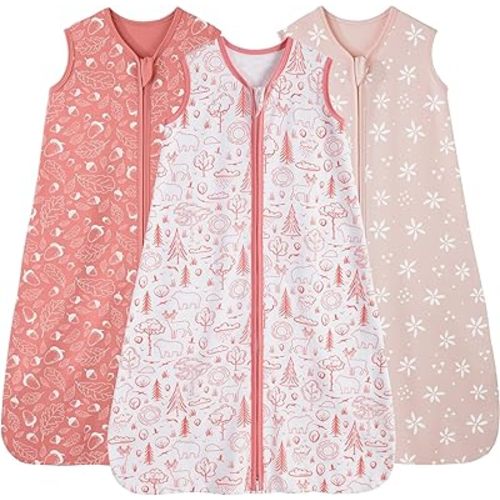 Baby Sleep Sack 0-6 Months, 100% Cotton Sleeping Sack for Newborn and Infant, 3 Pack Baby Wearable Blanket, 0.5 Tog Lightweight Double Zipper Sleep Bag Pink