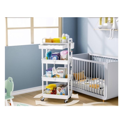 4 Tier Rolling Utility Cart with Drawer, Utility Storage Organizer with Plastic Shelf & Lockable Wheels Multifunctional Storage Cart for Kitchen, Bathroom, Office, Living Room, White